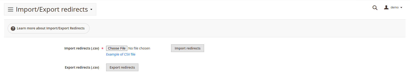 import export redirects menu