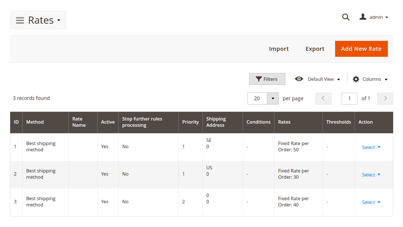 Shipping table rates grid
