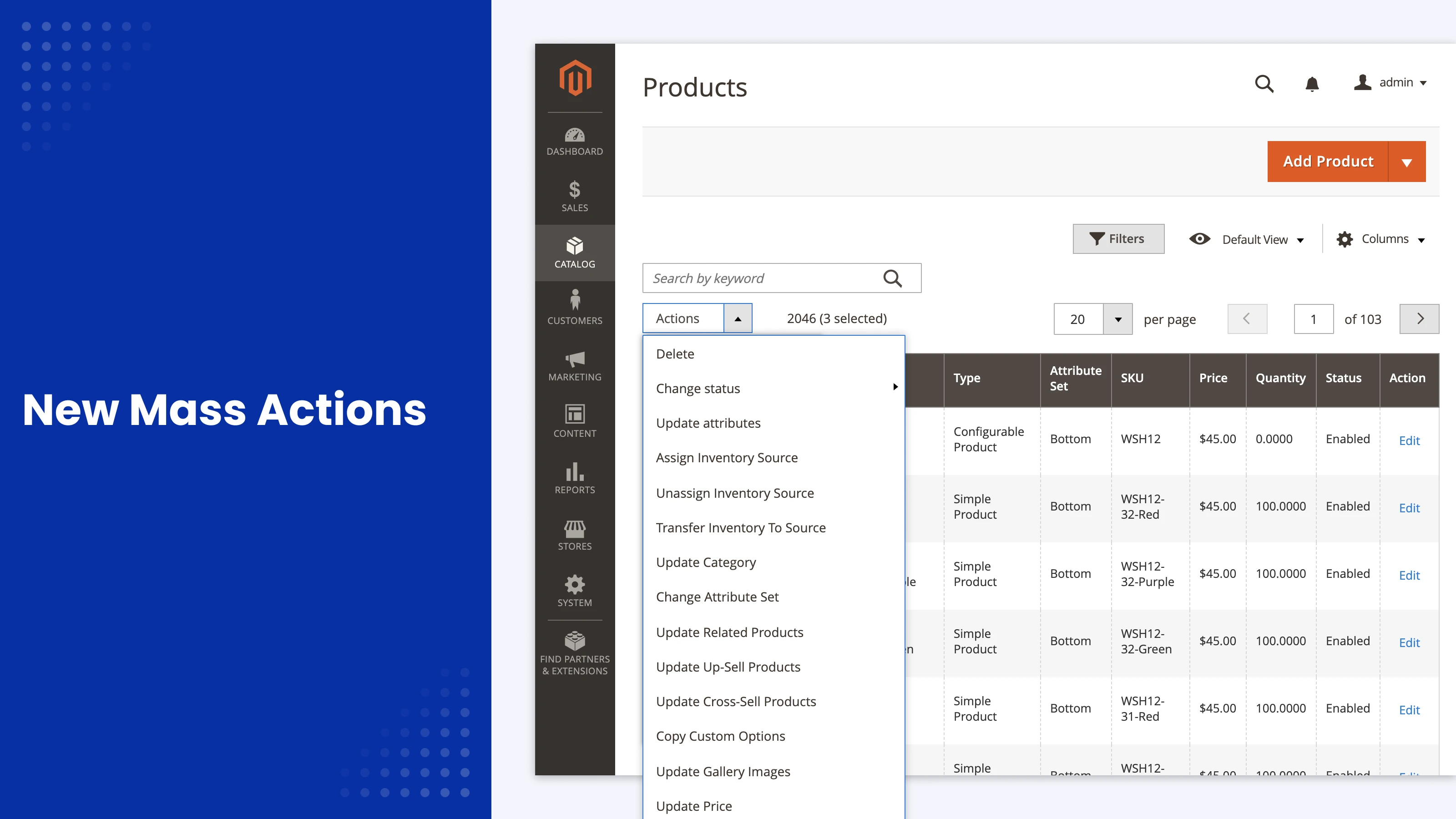 A list of new mass actions in Mirasvit Product Mass Action Magento 2 module
