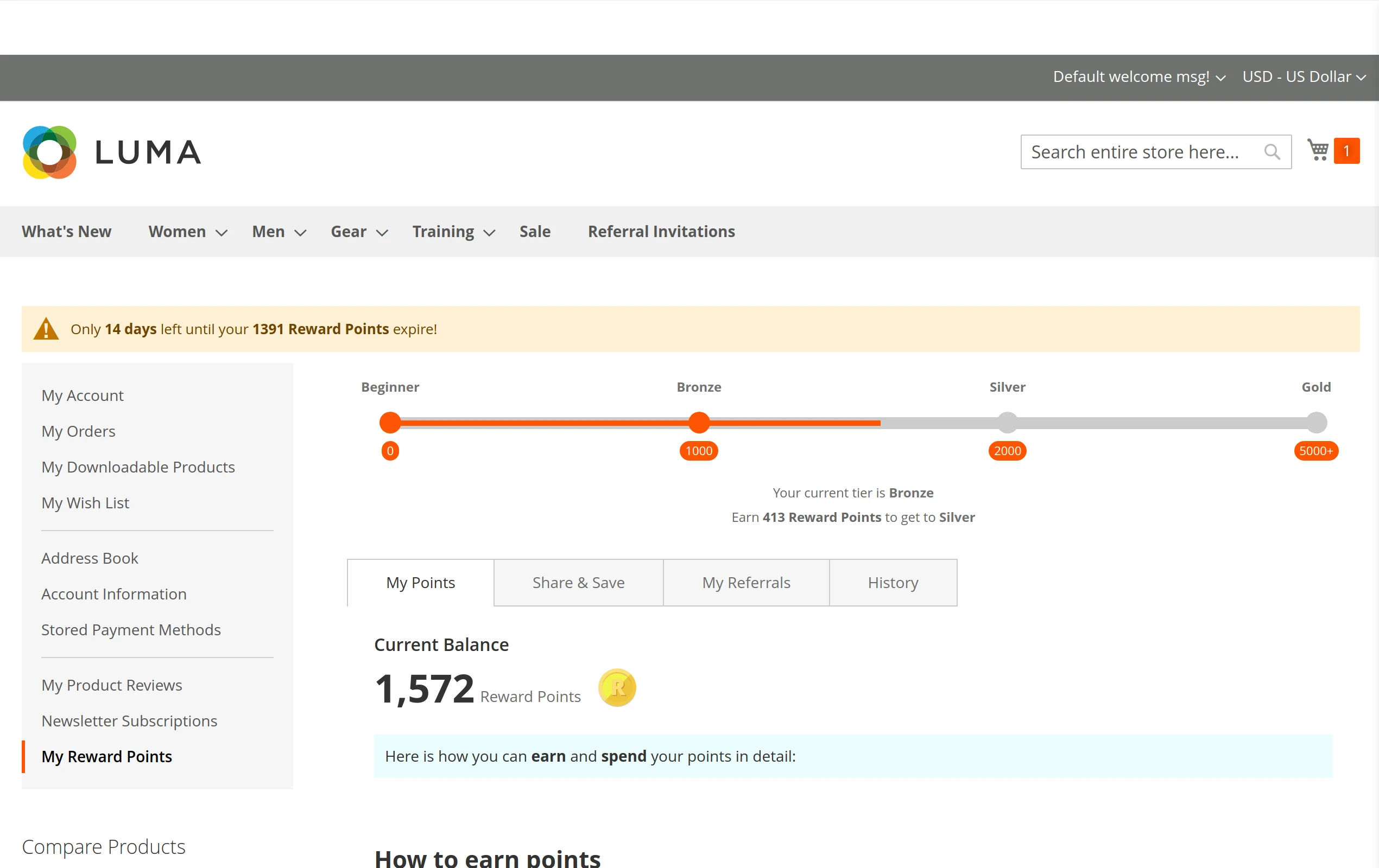 Customer dashboard in Mirasvit Reward Points for Magento 2 module