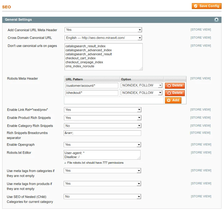 System / Configuration / SEO / General Settings 