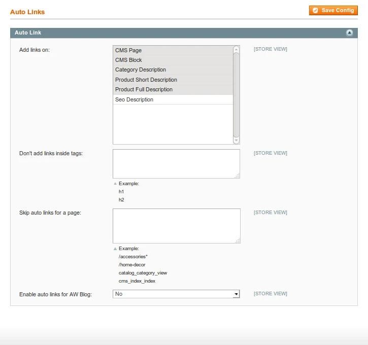 System / Configuration / SEO Auto Links Setings