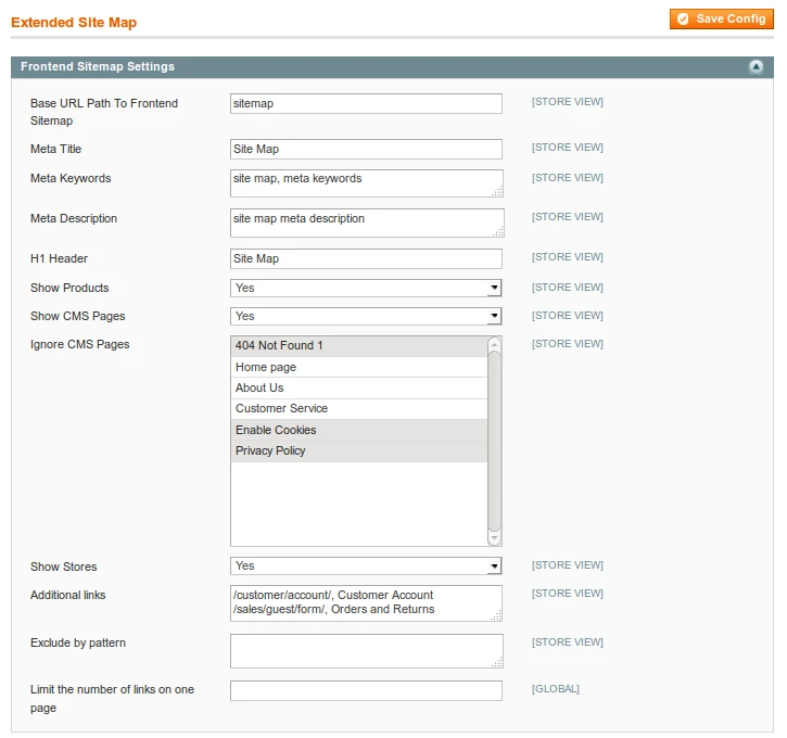 System / Configuration /  Extended Site Map Setings