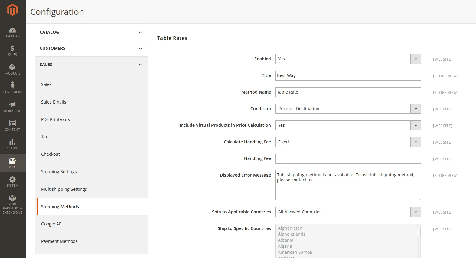 Table Rates shipping method in Magento 2