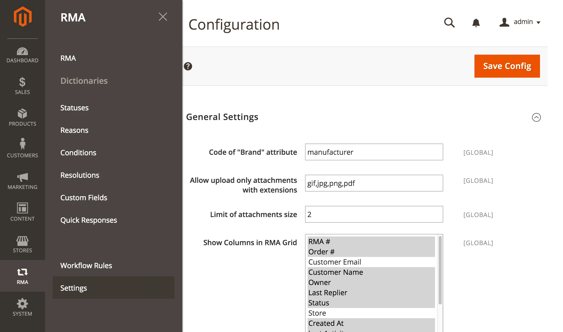 RMA Configuration Magento 2