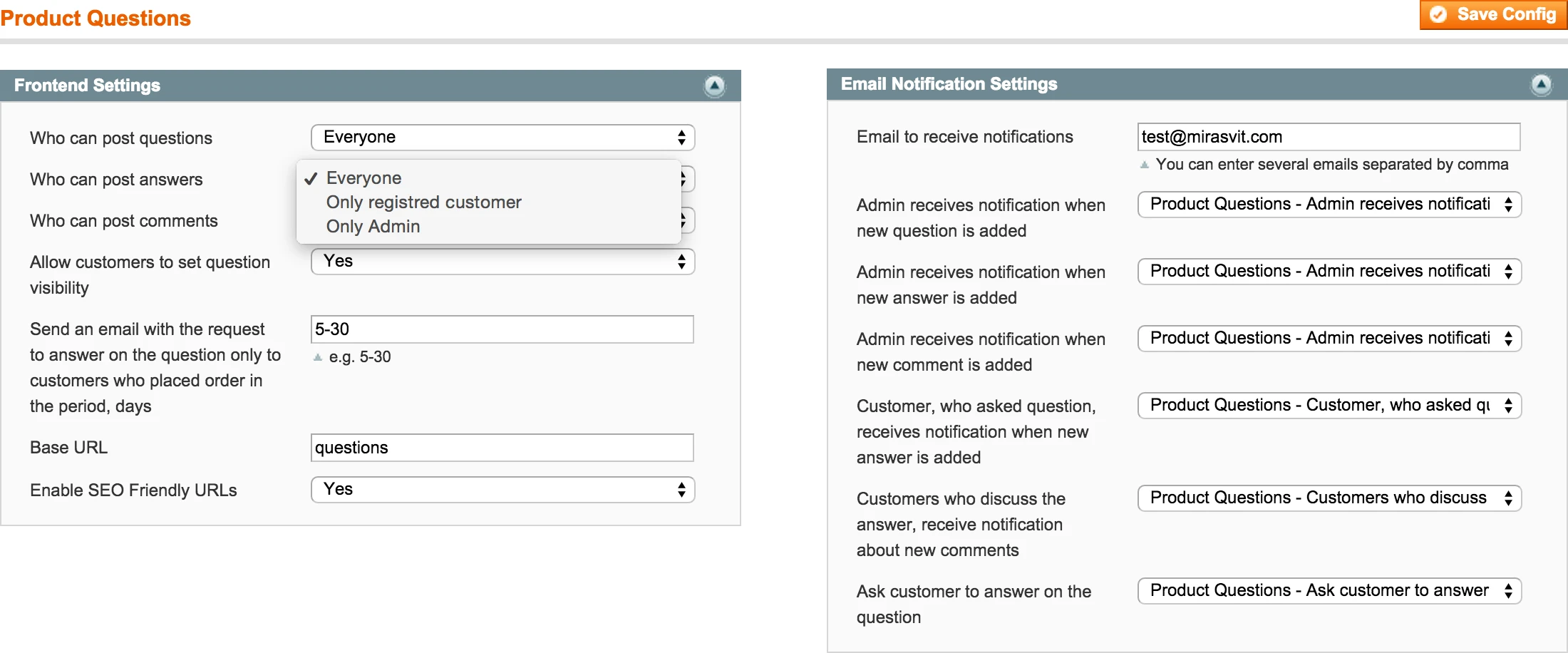 Product Questions Backend - General Configuration