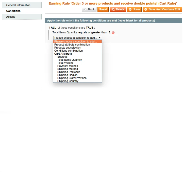 Backend - Edit Earning Rule - Conditions (Cart Rule)