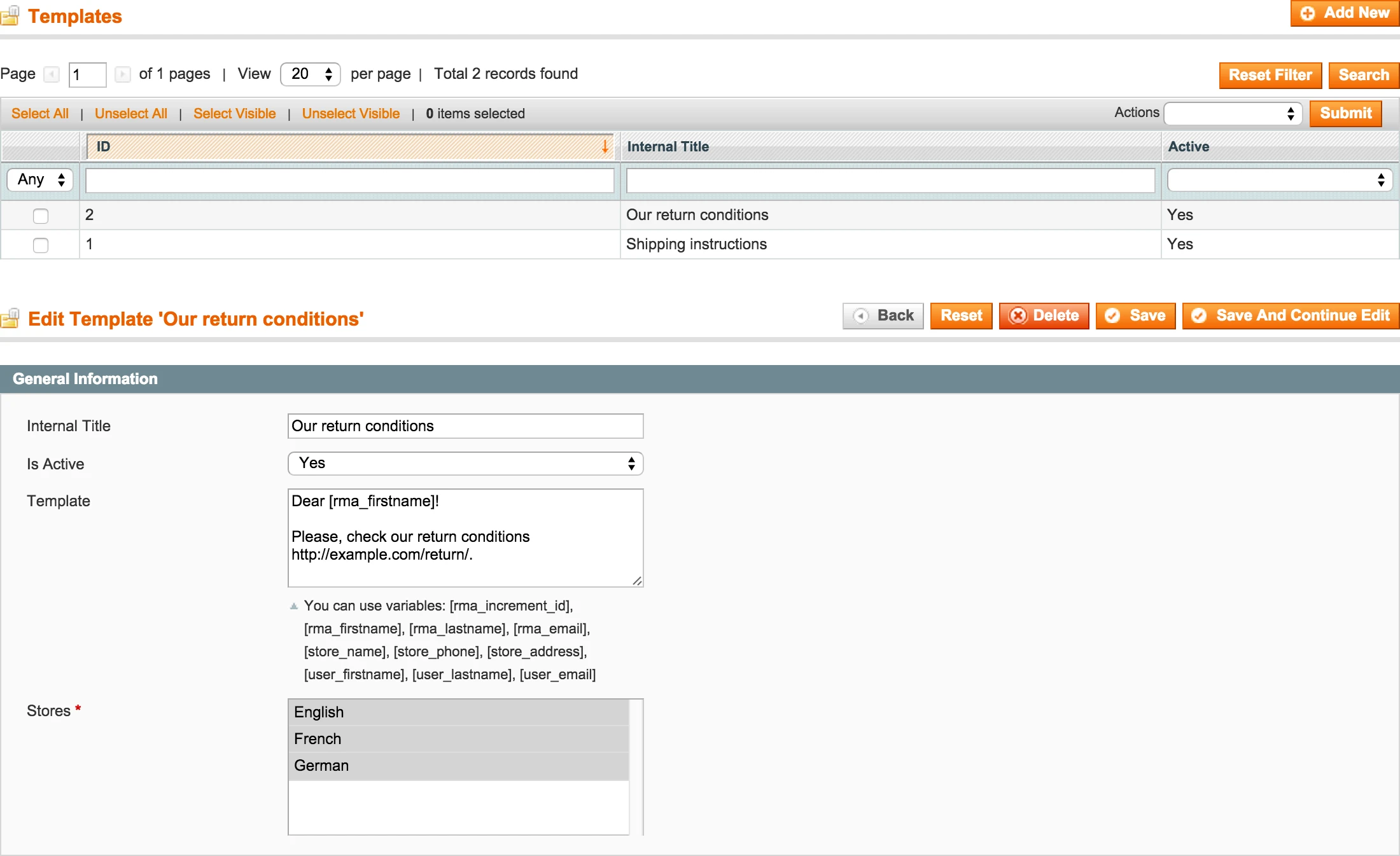 RMA Backend - Dictionary - Quick Responses
