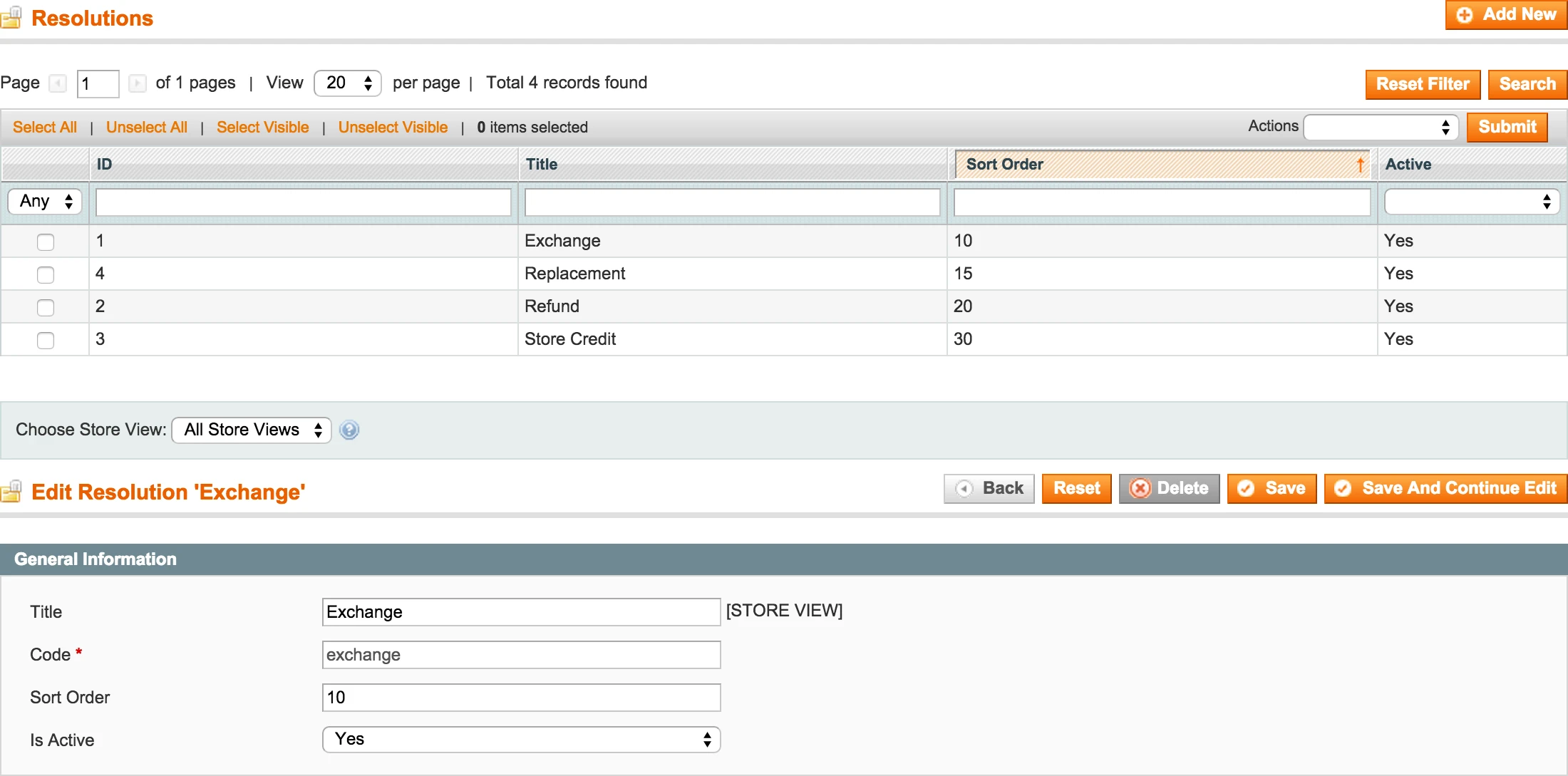RMA Backend - Dictionary - Resolutions