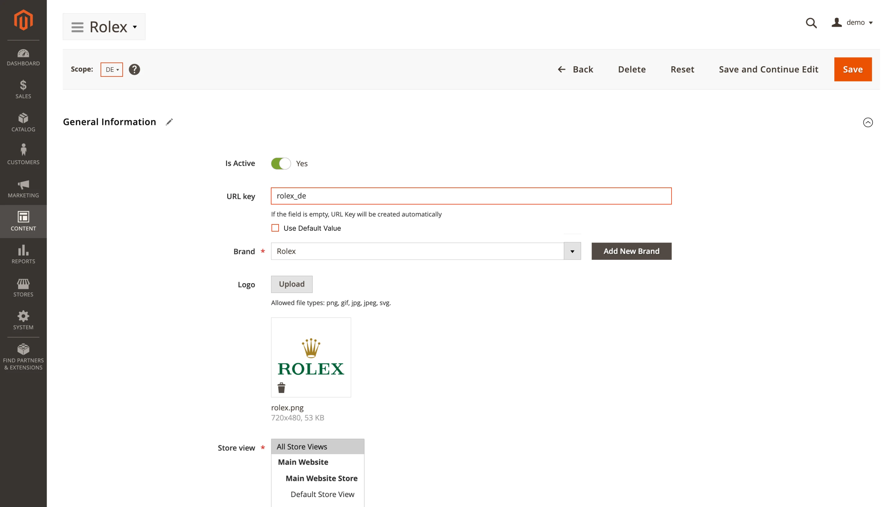 Brand page URL key per store view