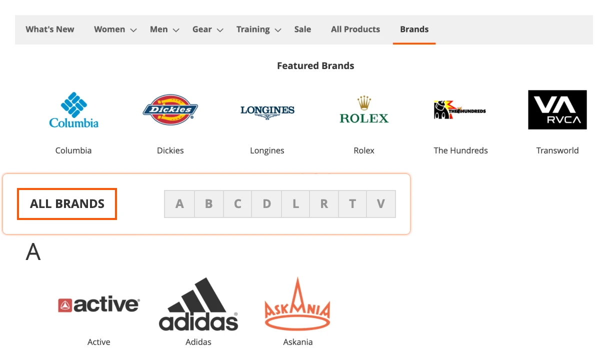 All Brands page in Mirasvit Magento 2 Layered Navigation module.