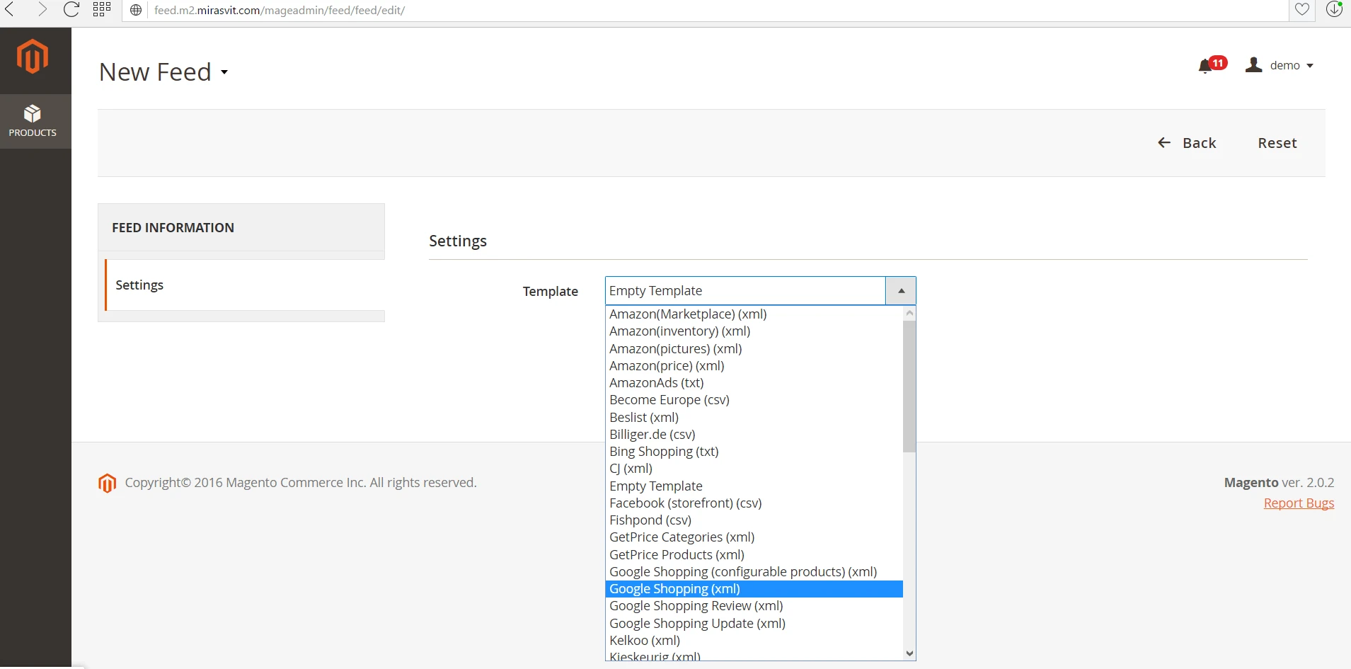 Choosing a feed template in M2 Advanced Product Feeds