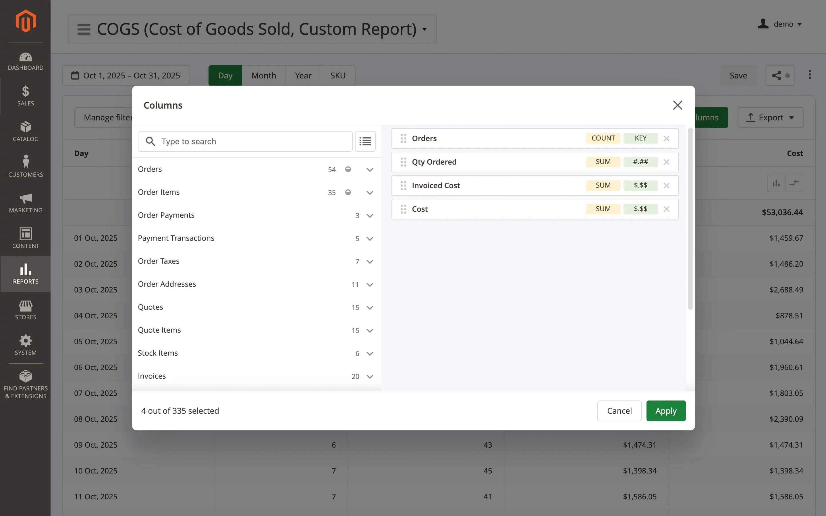 COGS custom reports