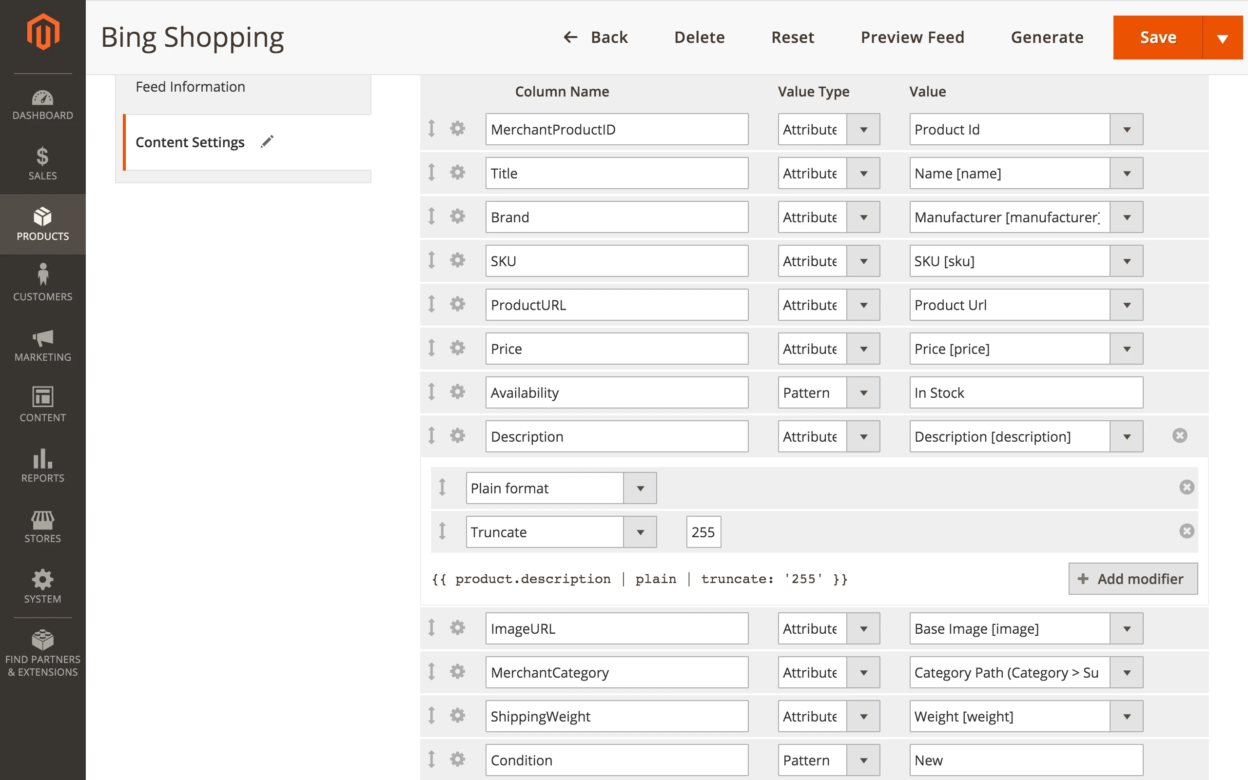 Feed columns in Mirasvit Advanced Product Feeds Magento 2 module
