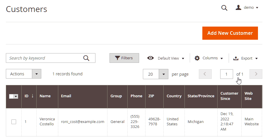 Default Magento Customer Search