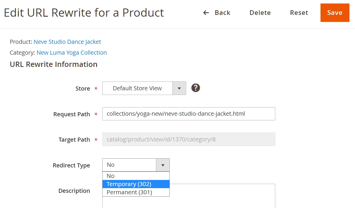 Redirect setup menu for items with visible paths, store, description, and type options