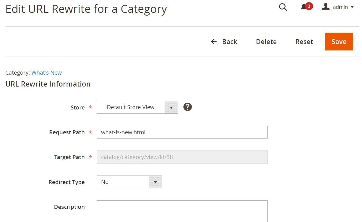 The rewrite menu lets you edit the store view, description, request, and target path