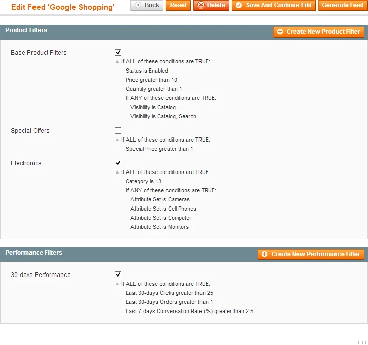 Feed: Product and Performance Filters