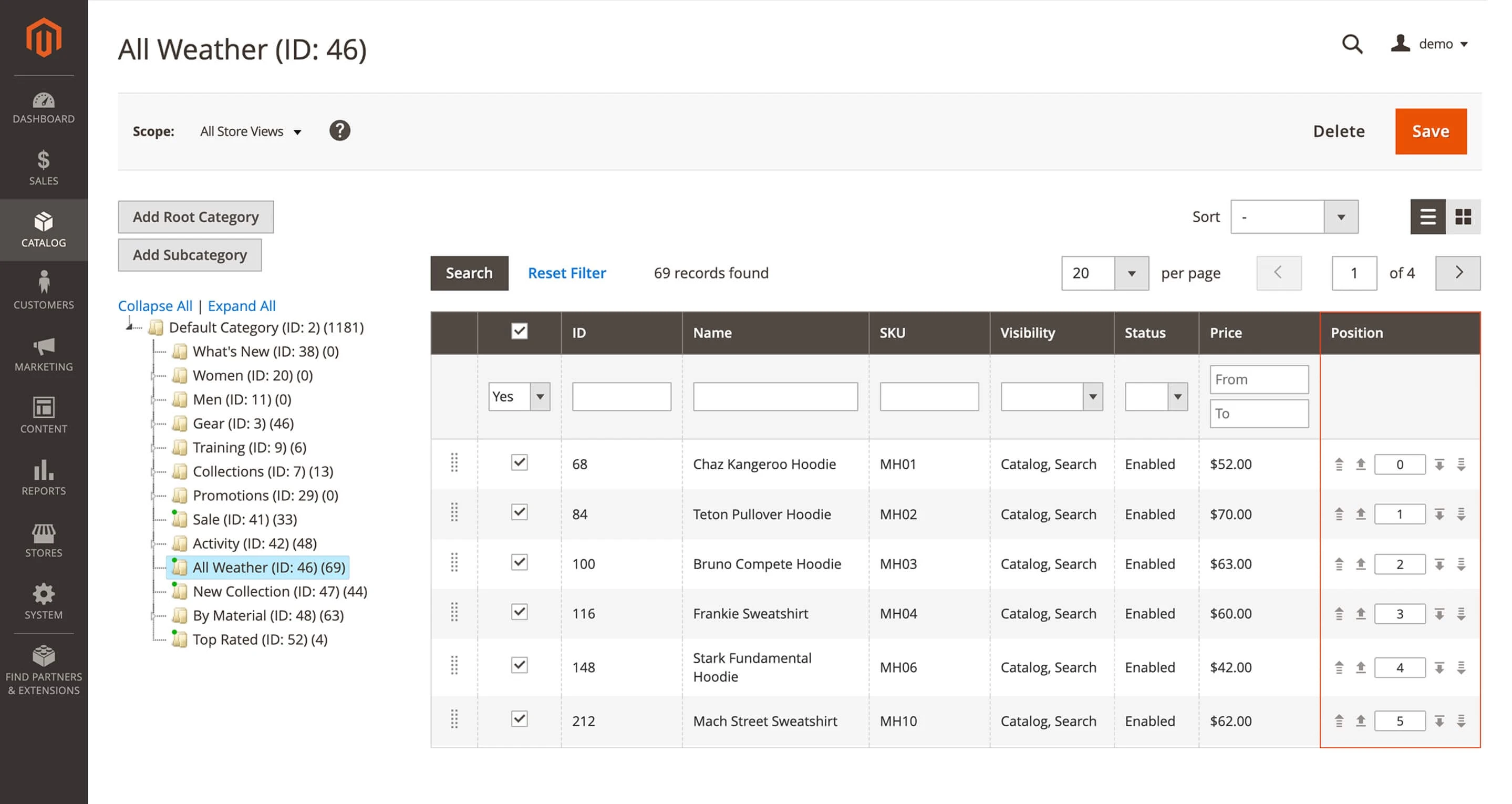 Full-category sorting control in virtual merchandiser