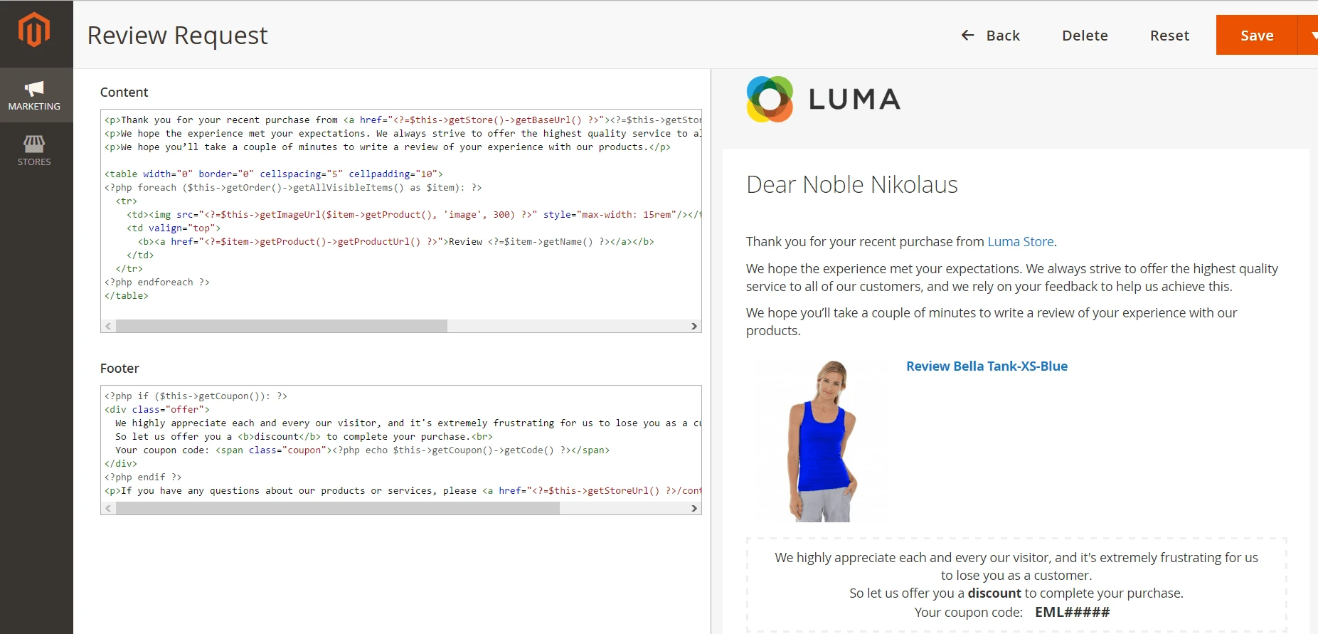 Image 4.1. Review Request Sample Message Template from Follow Up Email backend