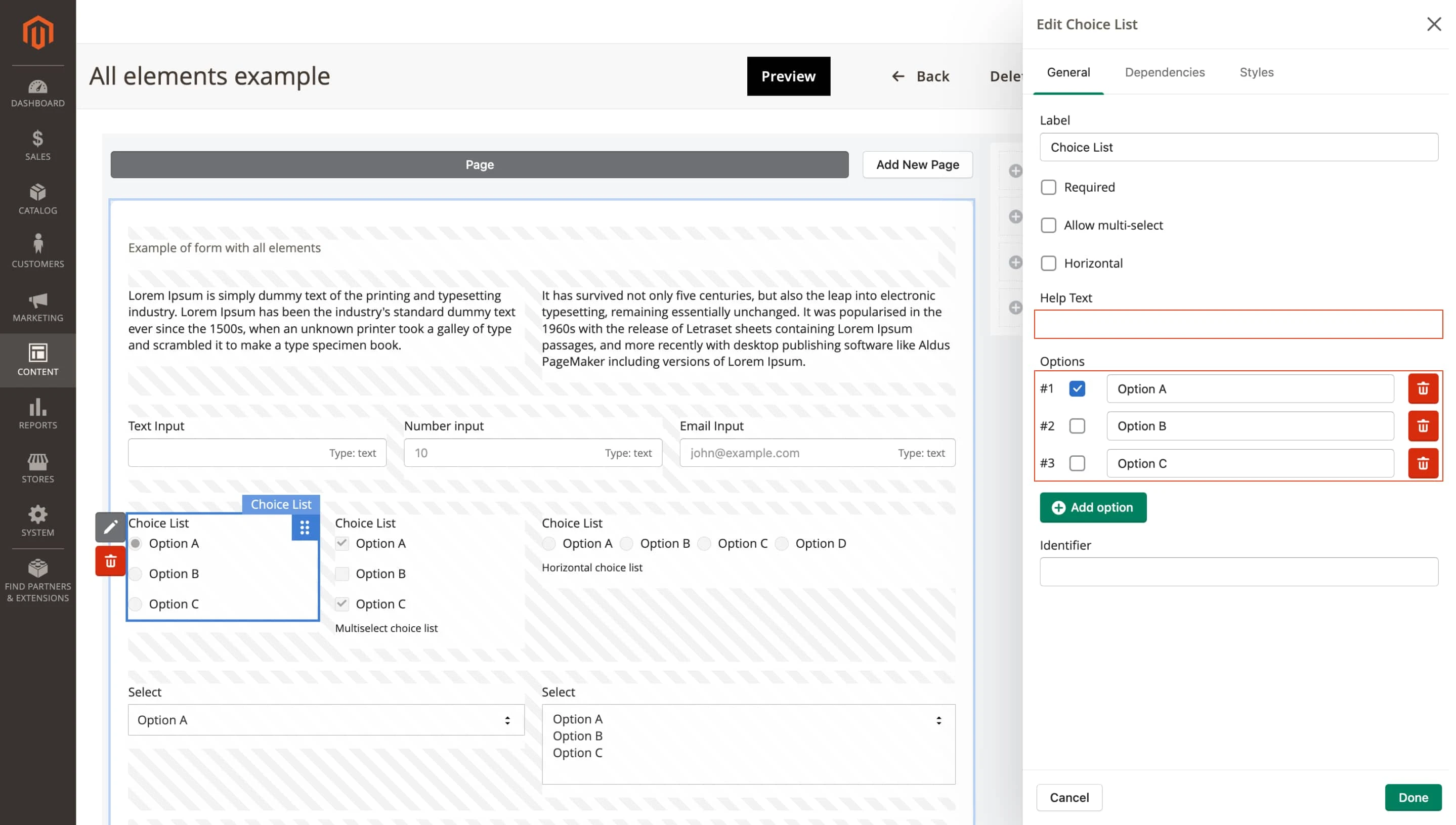 Inline HTML for help text and choice options