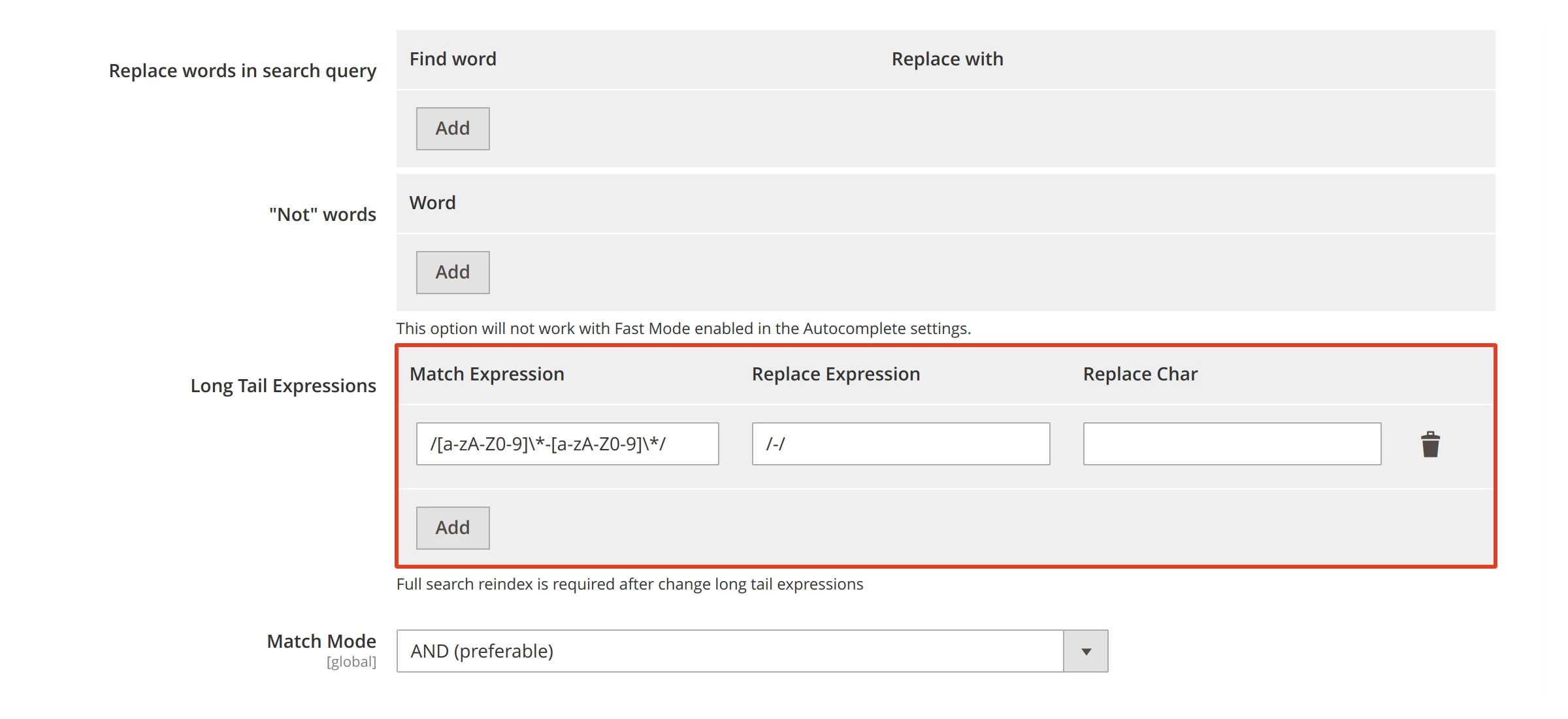 An example of a long tail search expression in Mirasvit Magento 2 search modules.