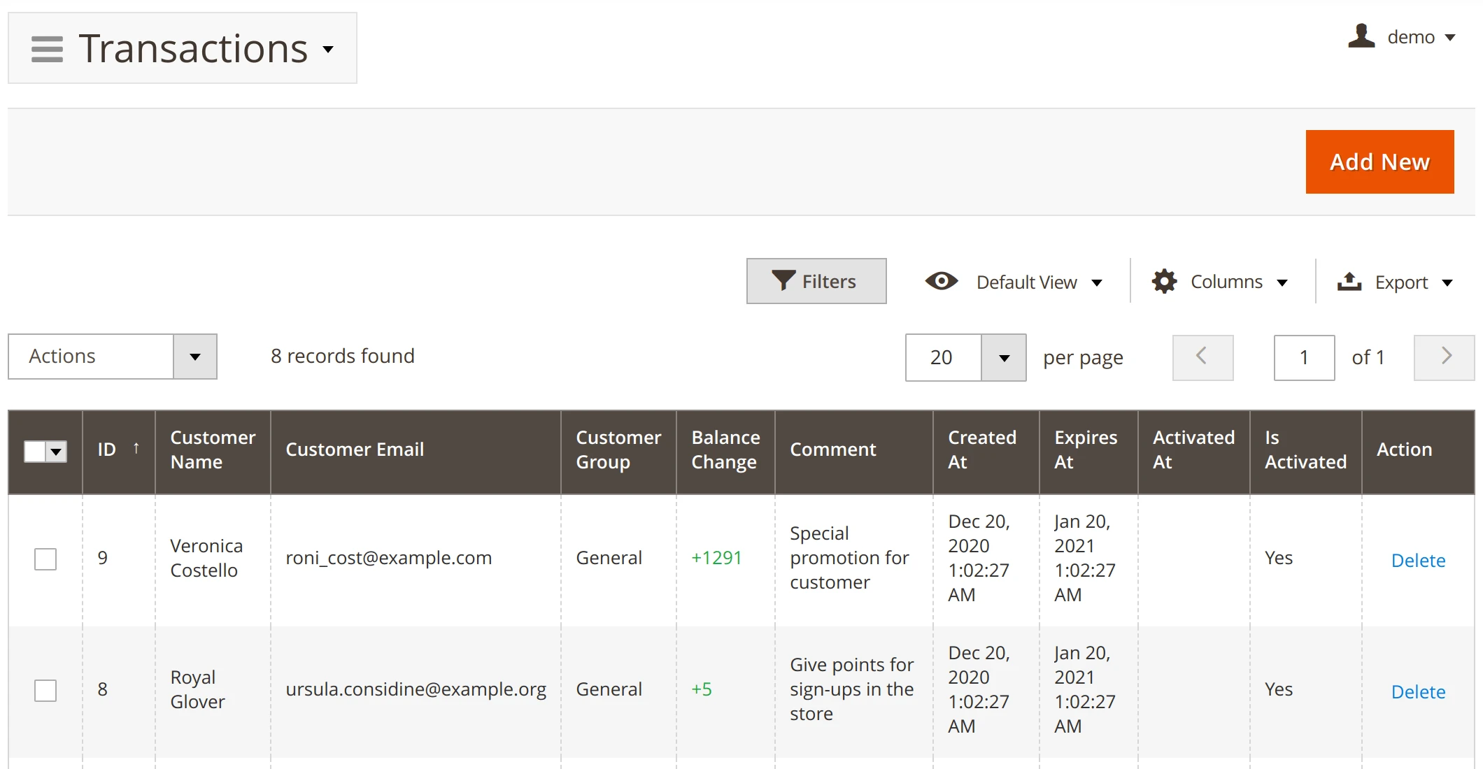 A list of customer transactions involving reward points in Mirasvit Magento Rewards Points system.