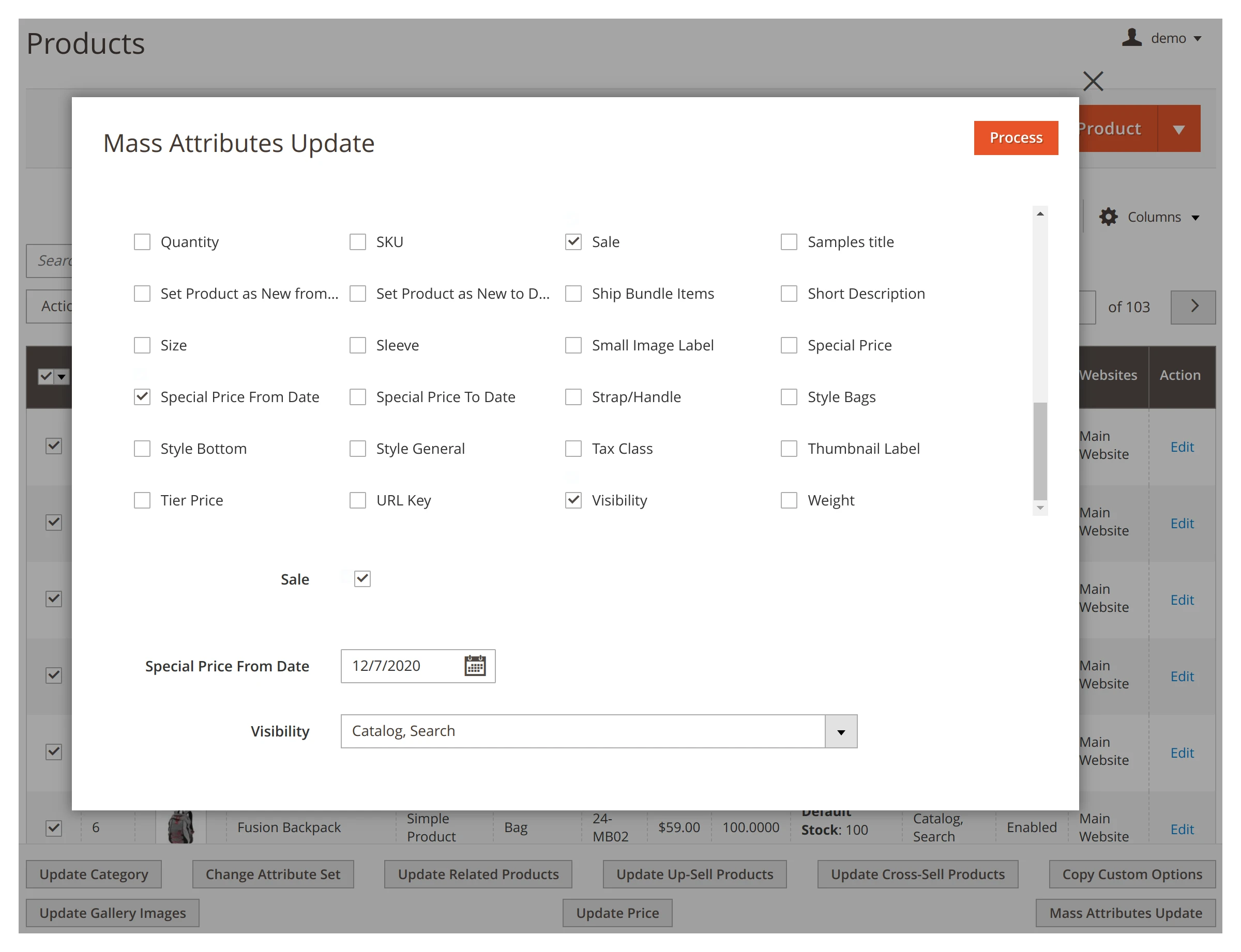 Editing attributes in bulk in Mirasvit Mass Product Actions Magento 2 extension.