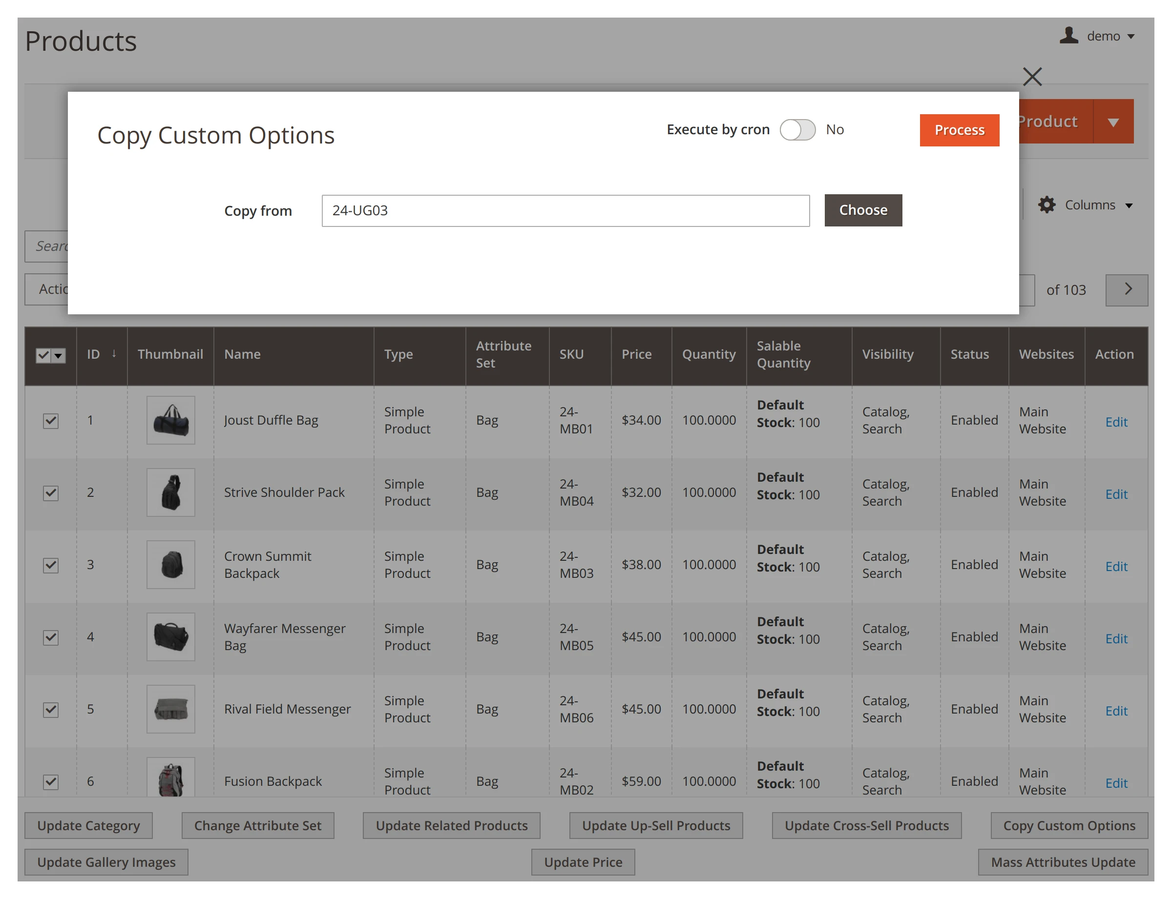 Copying custom options in bulk in Mirasvit Mass Product Actions Magento 2 module.