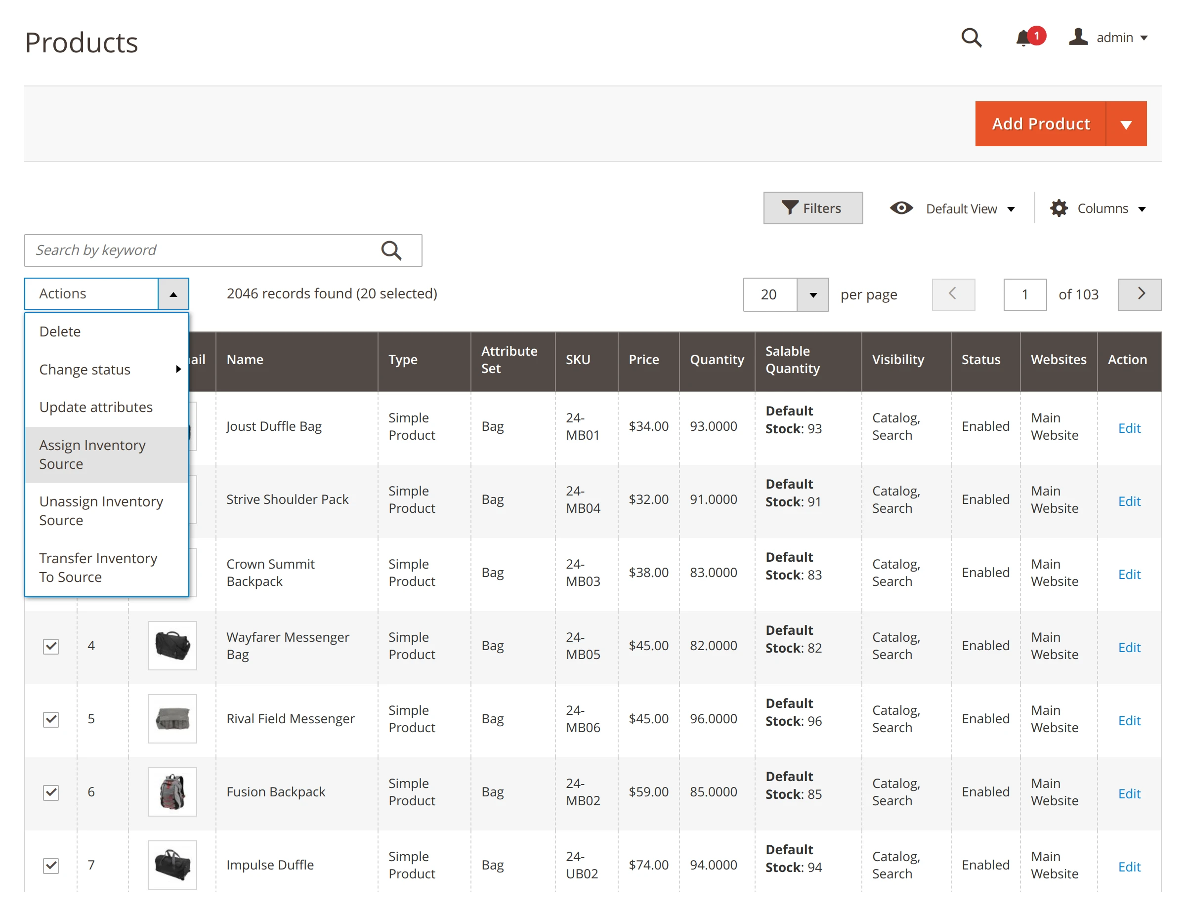 Default Magento 2 bulk product update options.