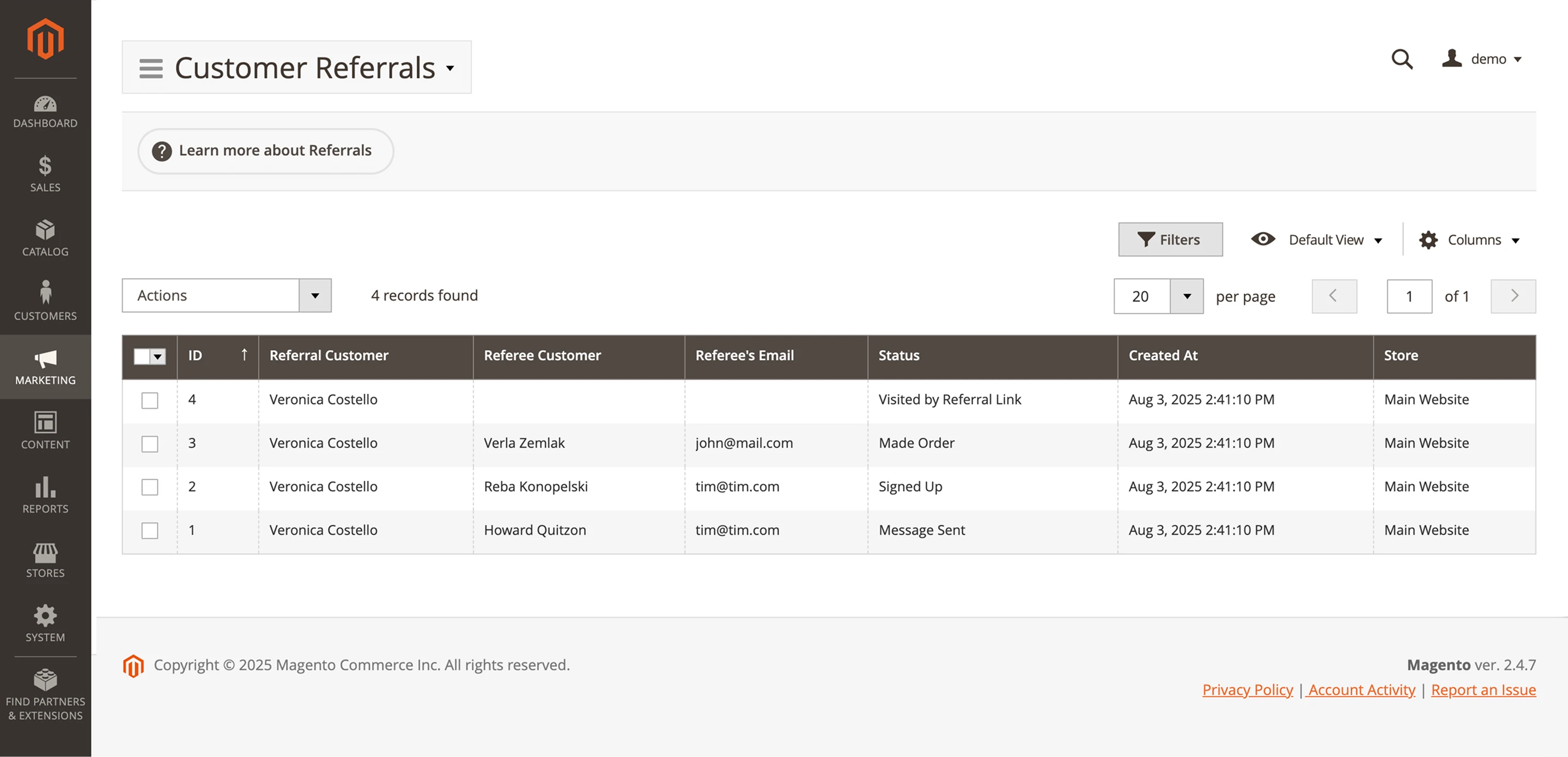 Mirasvit refer friends customers list