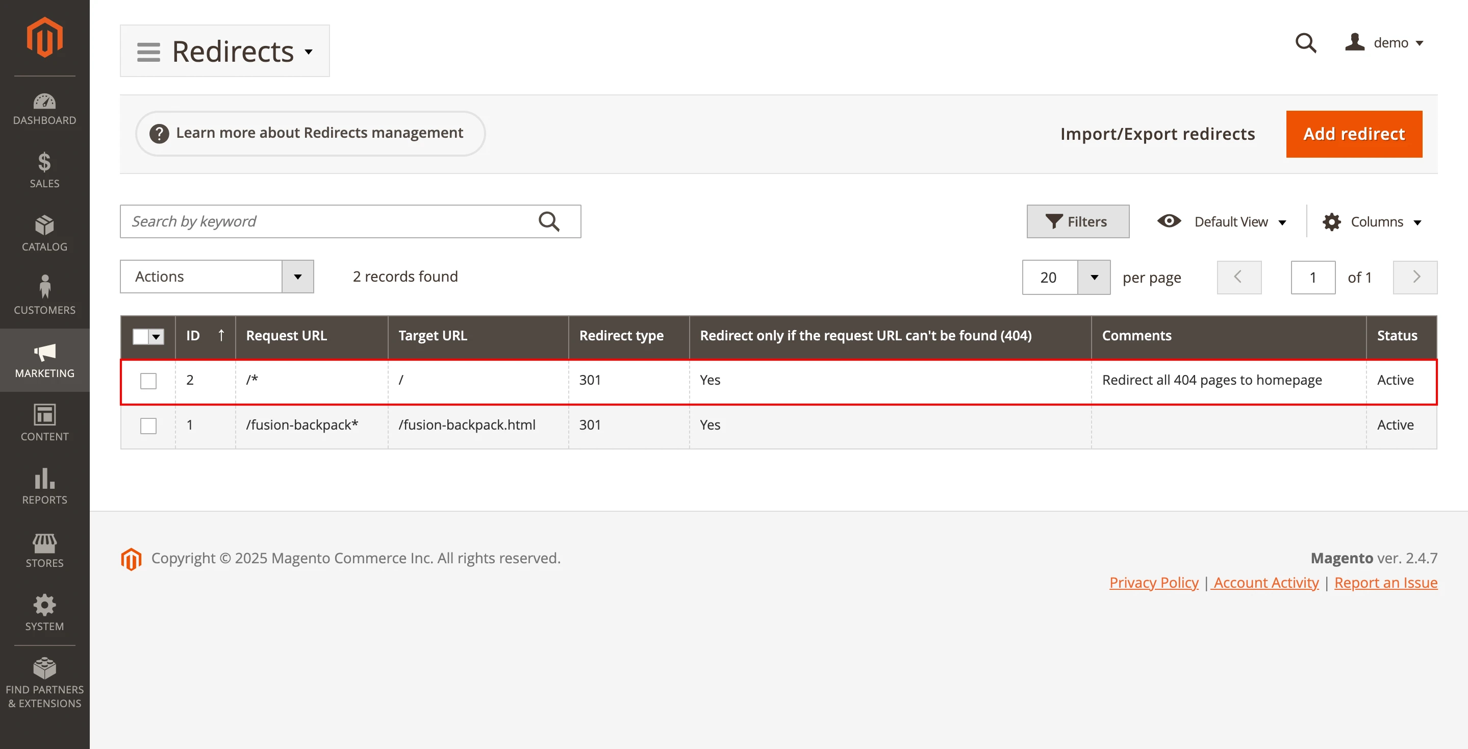 Mirasvit Seo Add 301 redirect