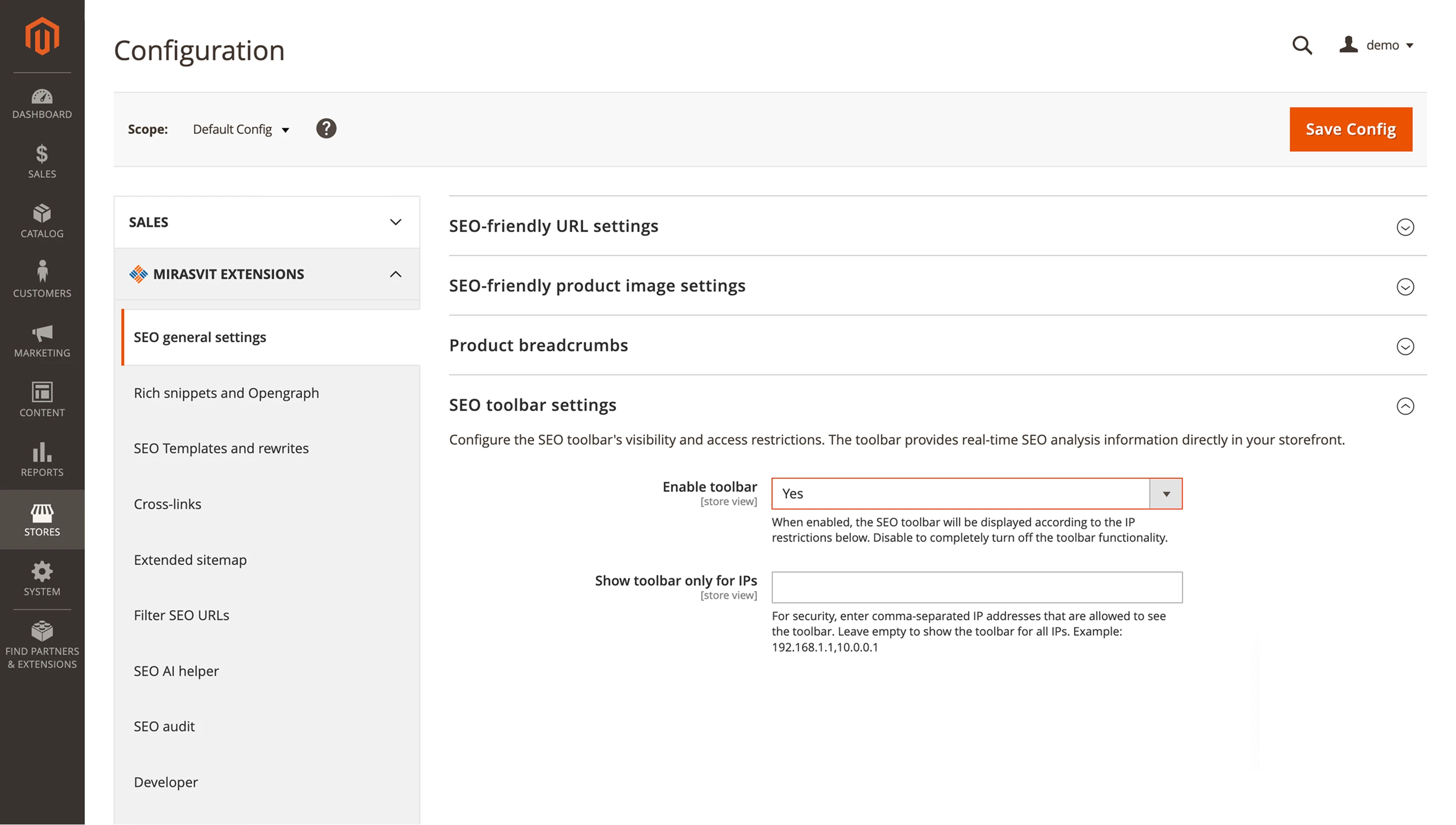 Mirasvit SEO landing page enable toolbar option