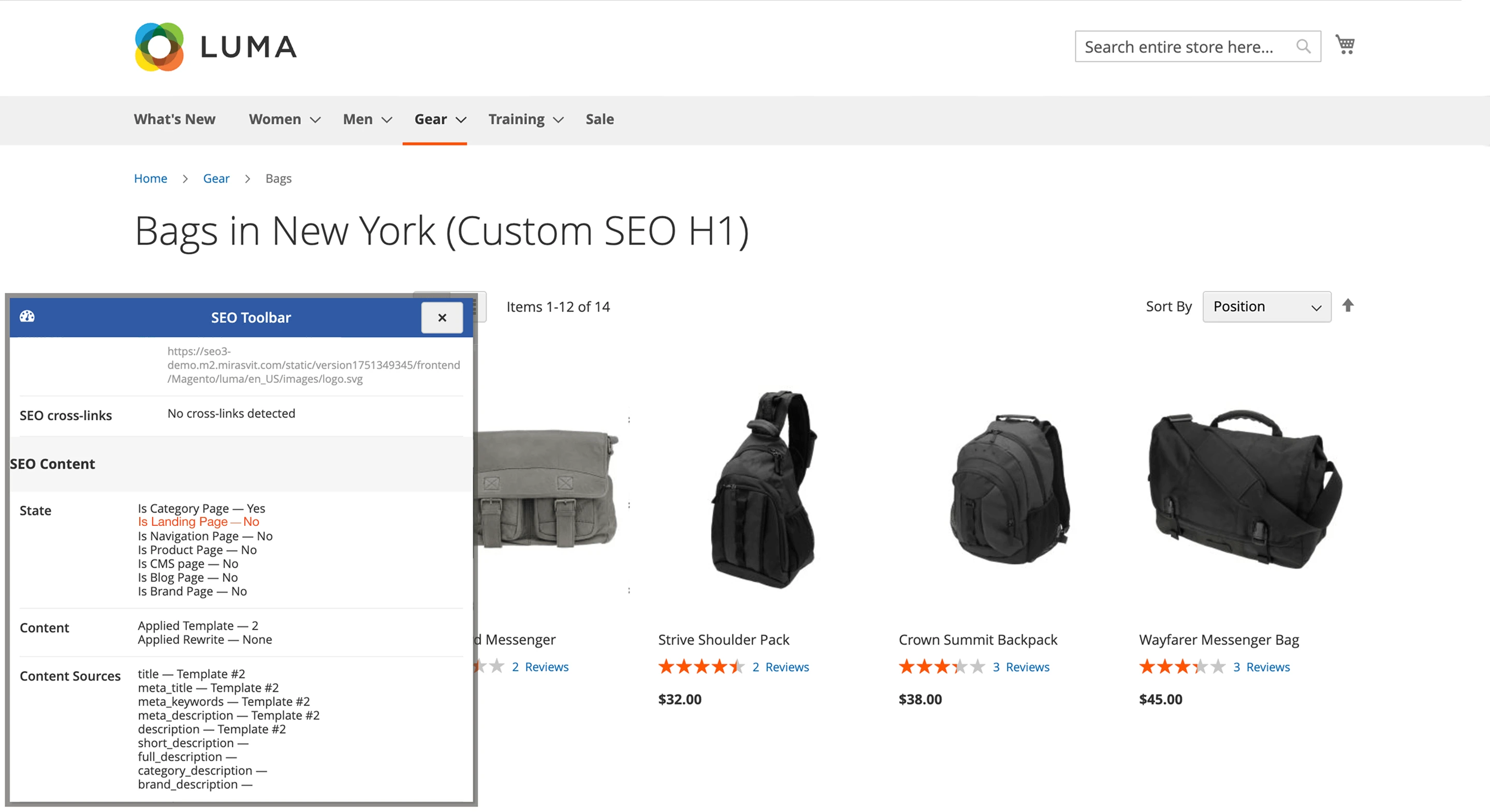 Mirasvit SEO landing page status in SEO Toolbar