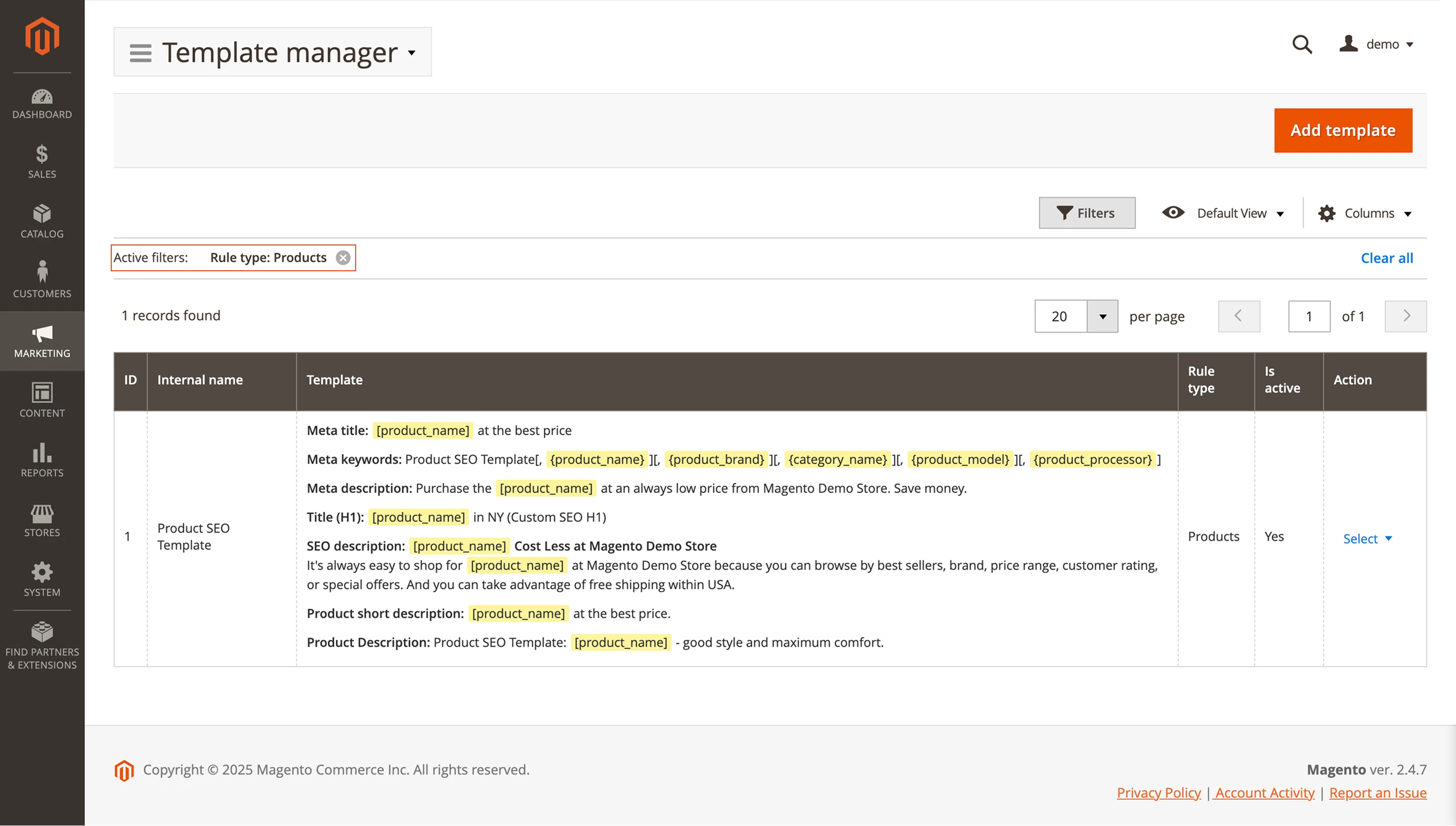 Mirasvit template list