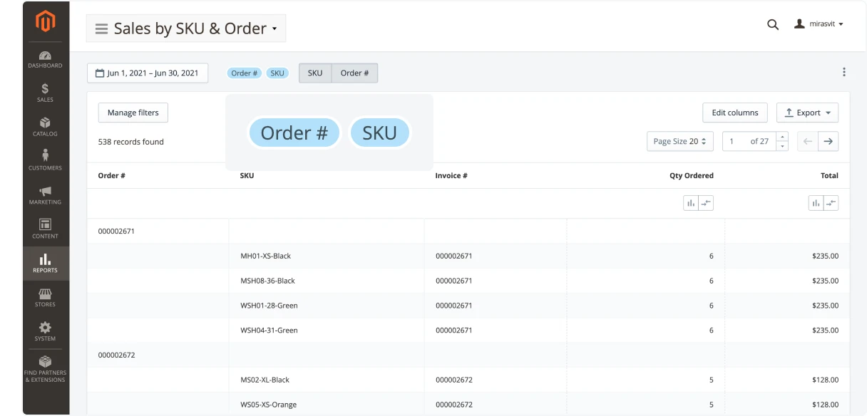 Grouping the table by multiple dimensions in Mirasvit Advanced Reports Magento 2 extension