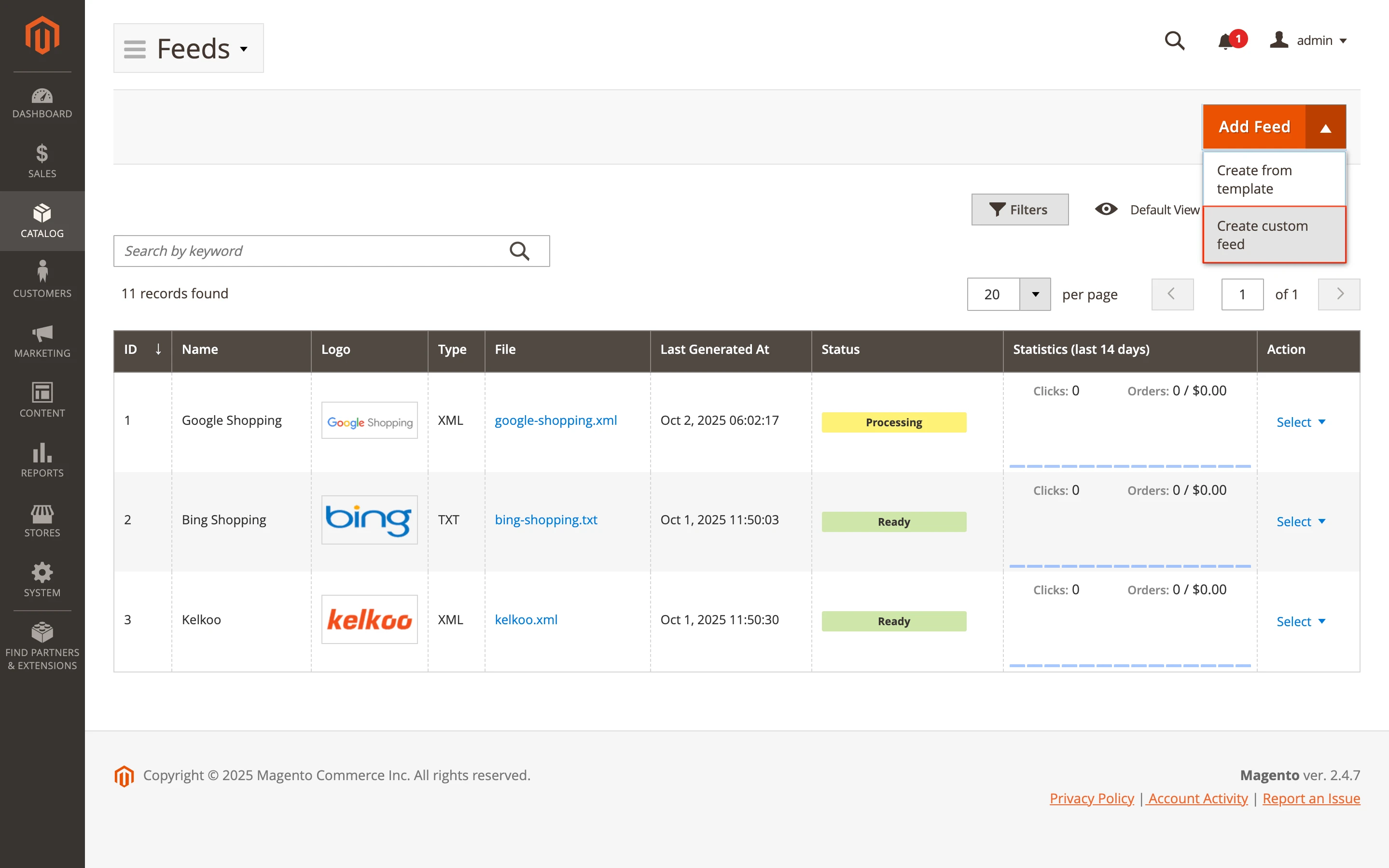 New custom feed dropdown