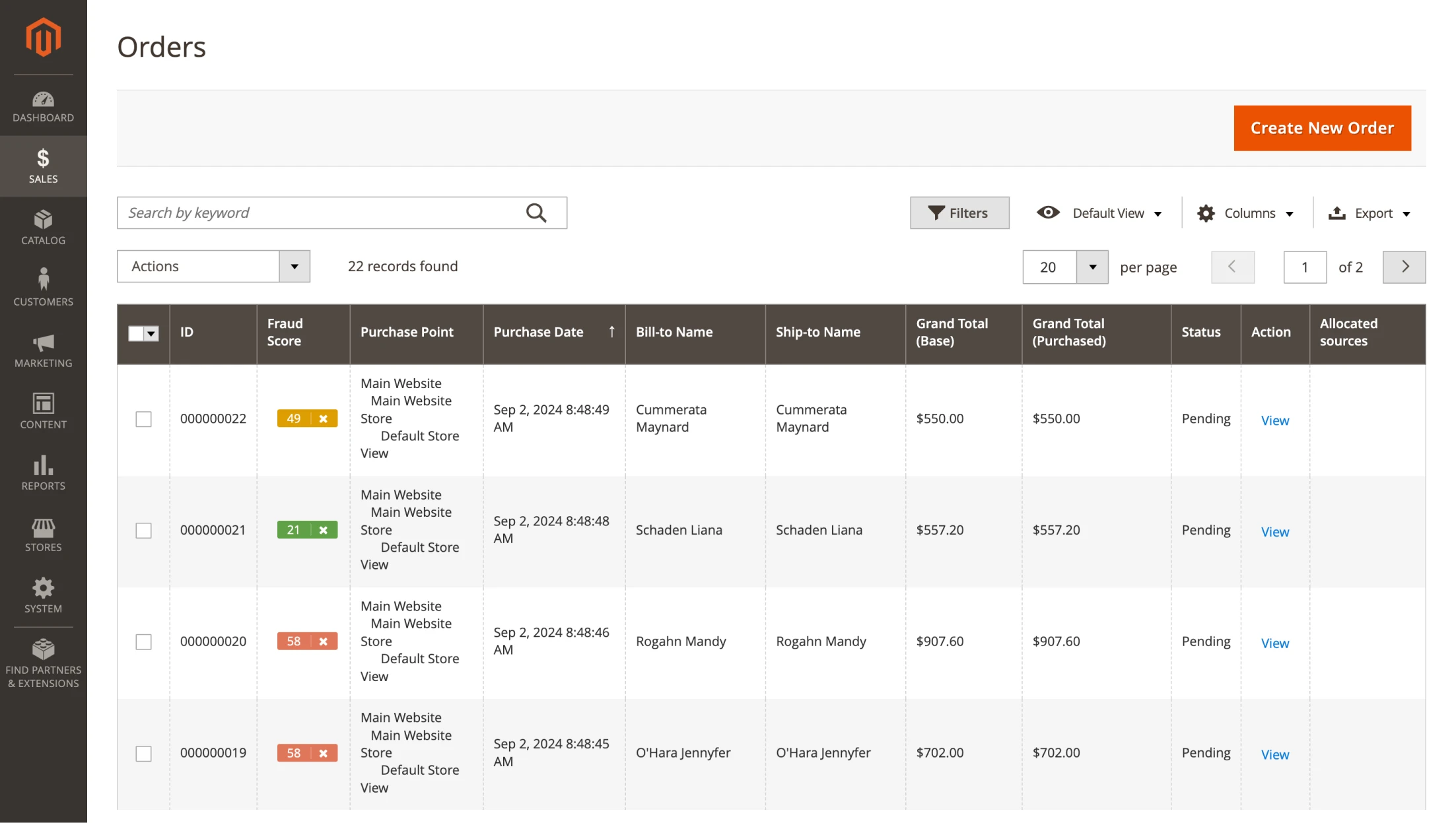 Orders list with scores