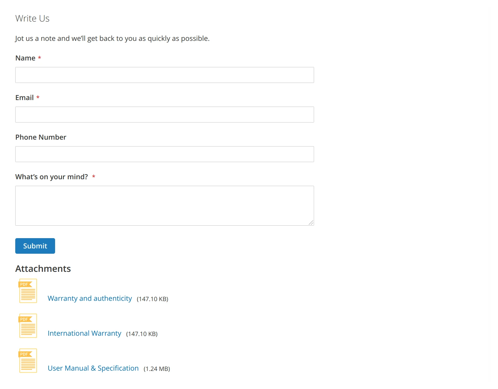 Magento 2 contact page with Mirasvit Product Attachment module's attachments