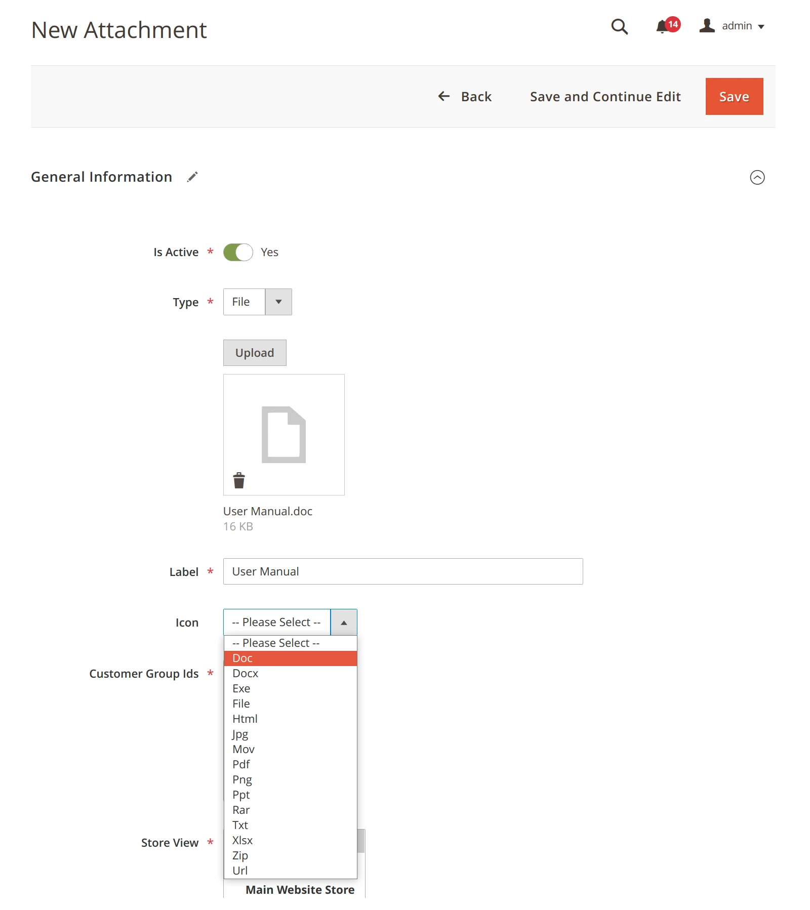 Choosing among attachment icons in Mirasvit Product Attachment Magento 2 extension