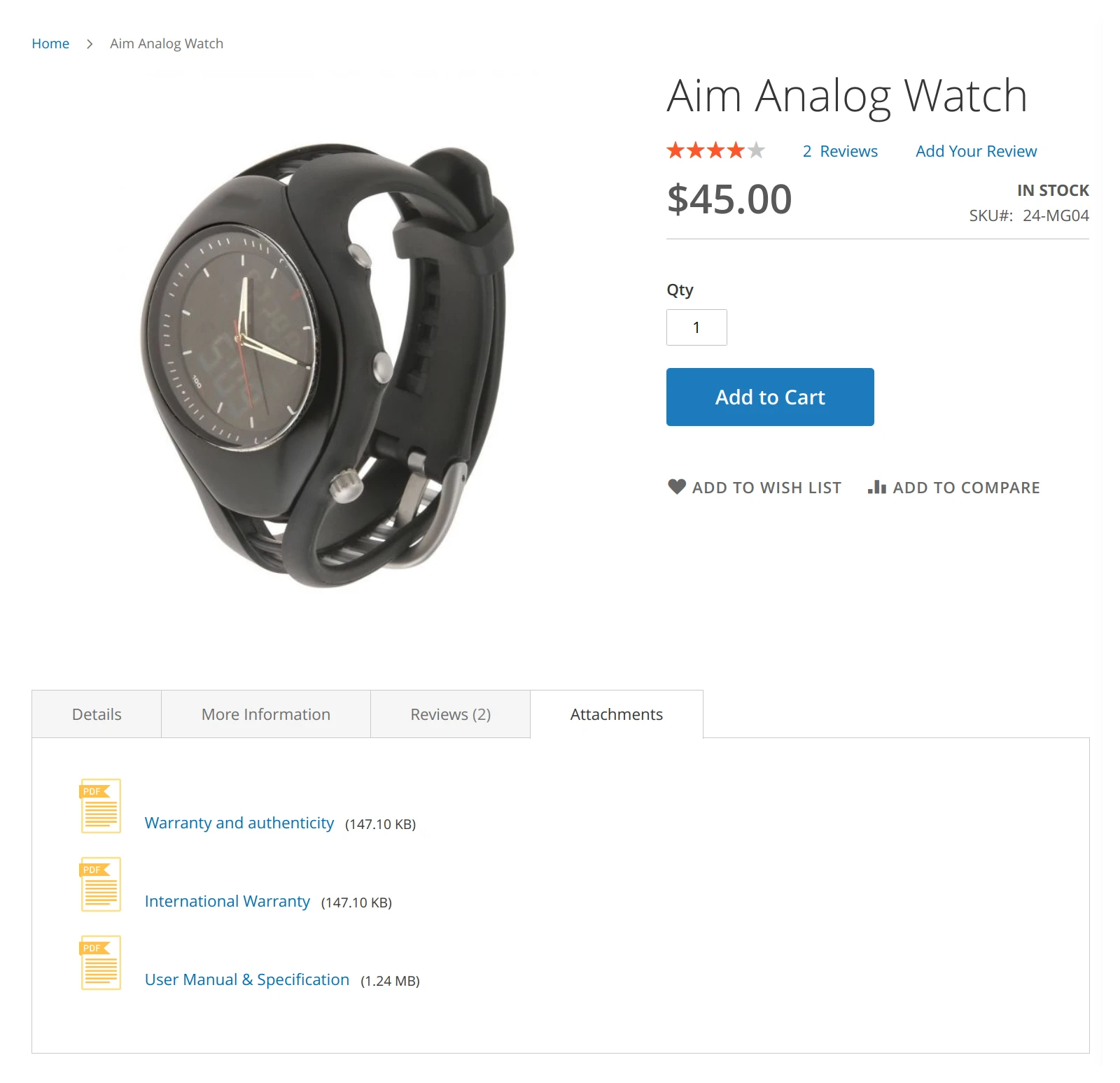 Magento 2 product page with Mirasvit Product Attachment module's attachments