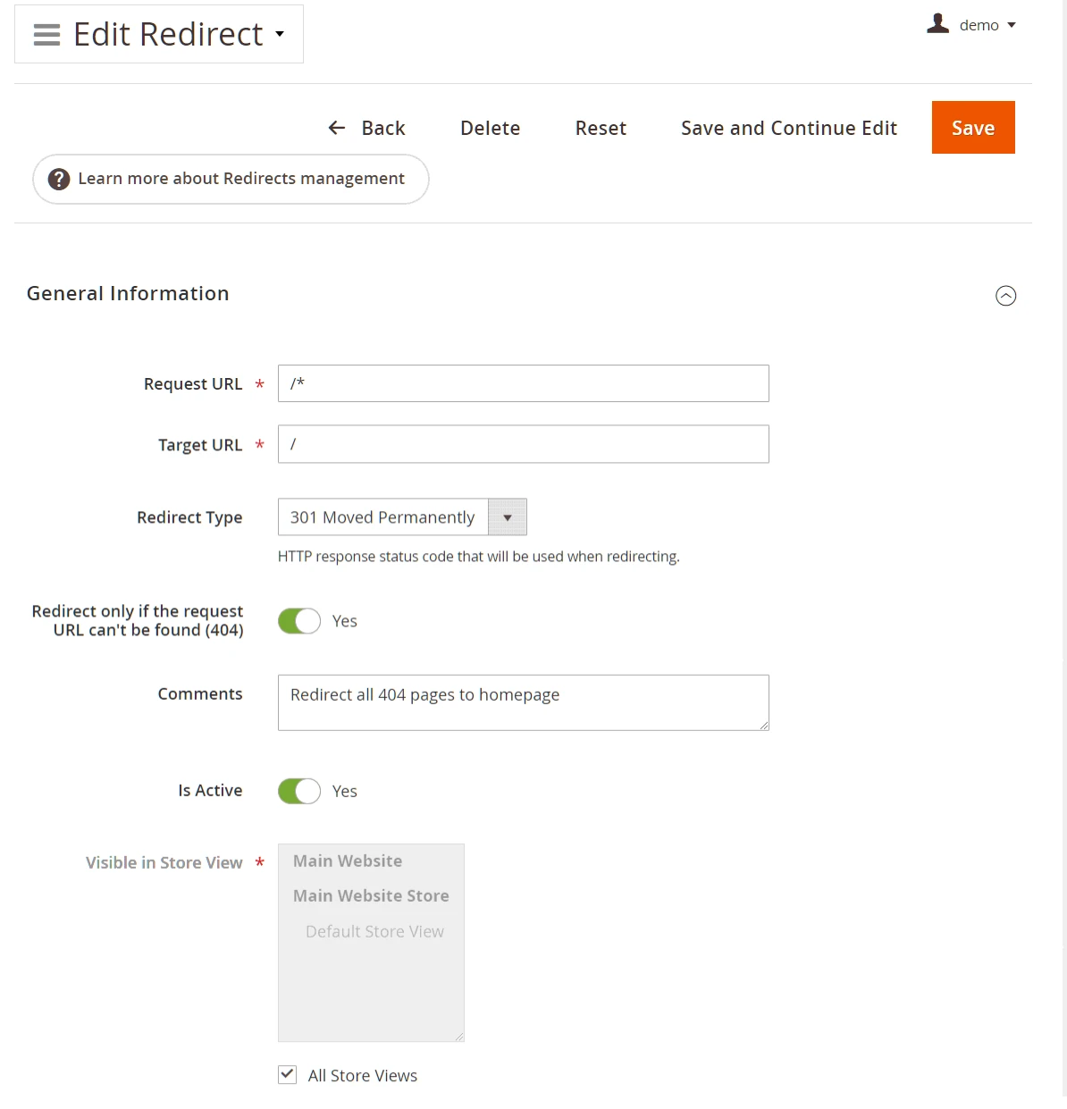 Redirect editing menu where the path is set with an asterisk symbol