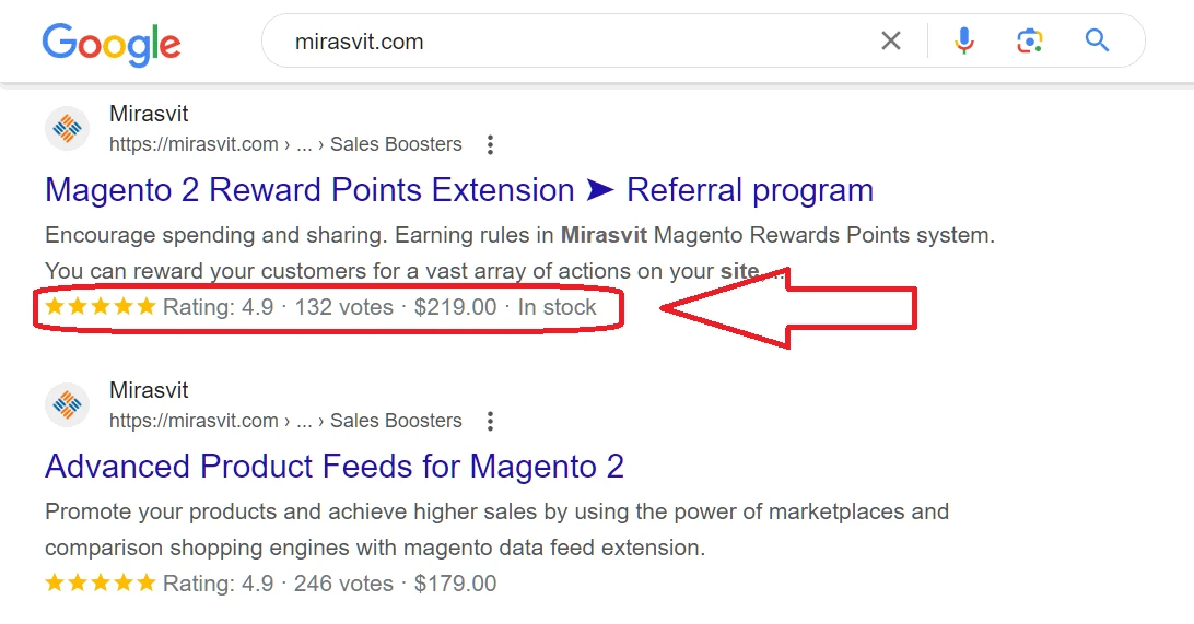 Rich snippet that contains rating, item’s price, and stock info