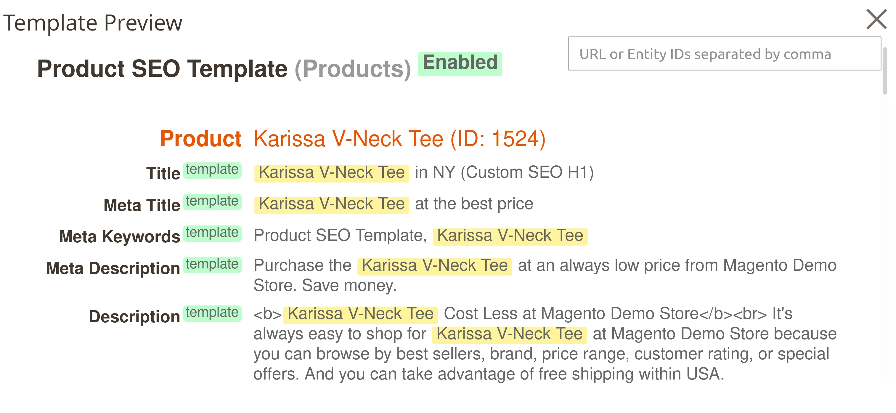 An example of an SEO template preview
