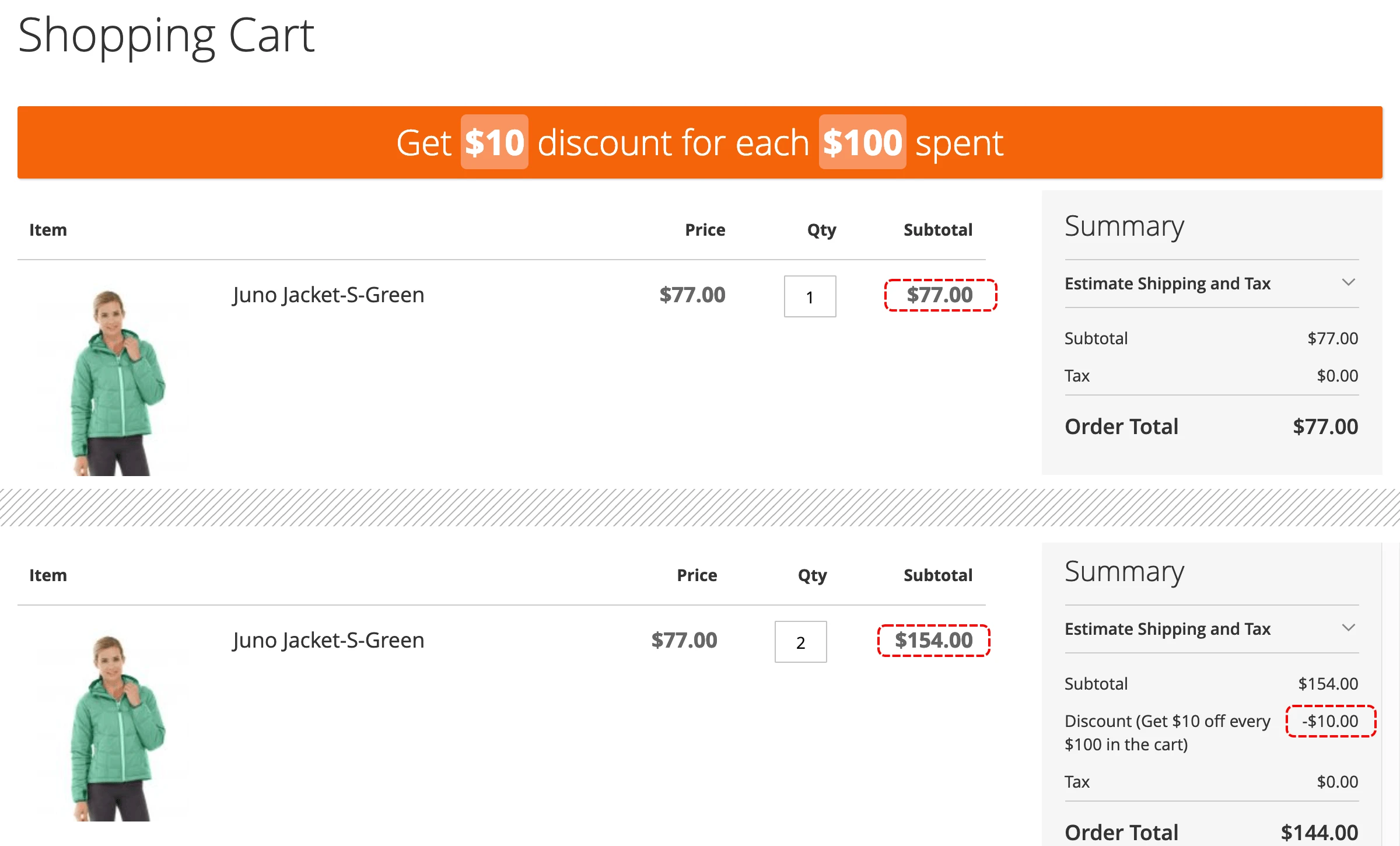 shopping cart rule in action