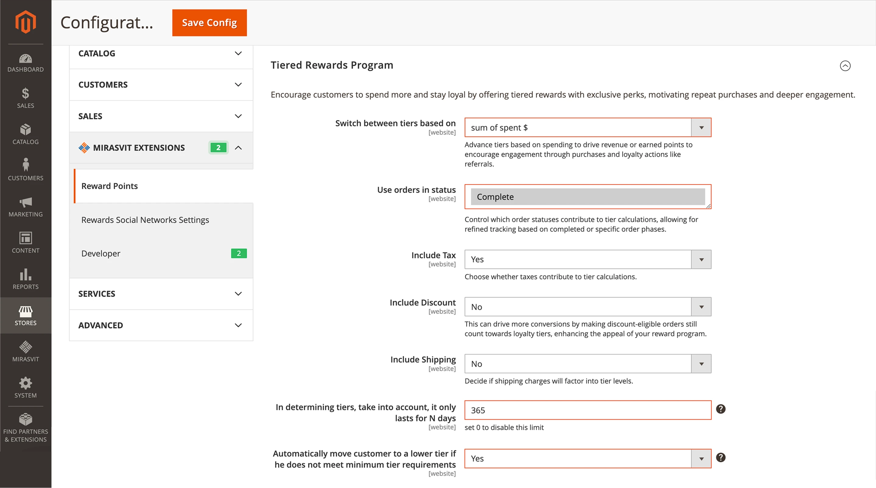 Tiers reward points settings.