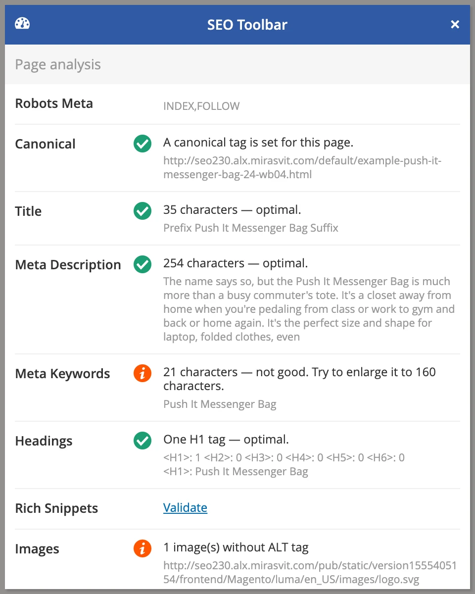 SEO Toolbar in Mirasvit Magento 2 Advanced SEO Suite extension.